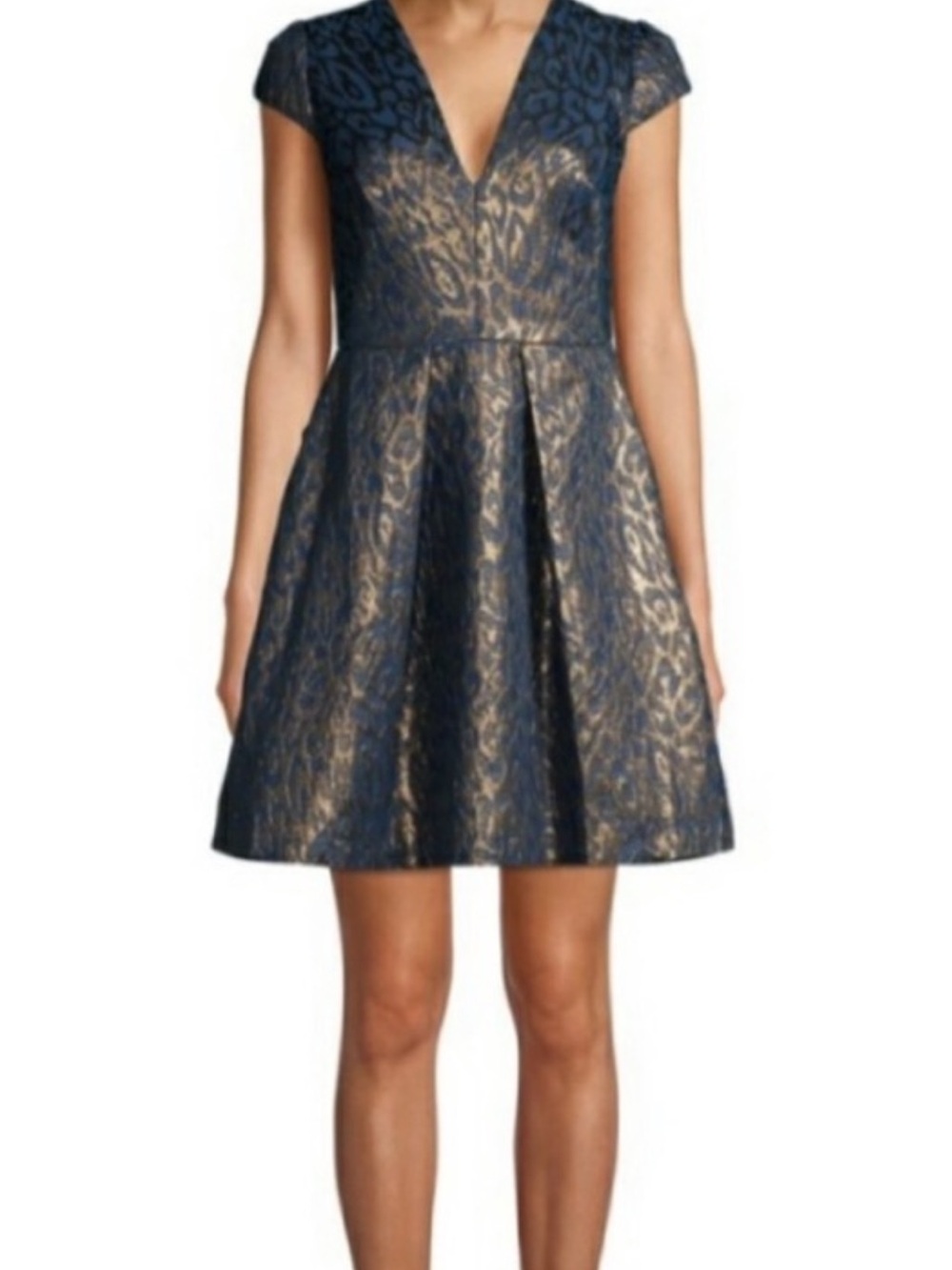 Vince Camuto Navy and Gold V‑Neck Fit‑and‑Flare Dress 8